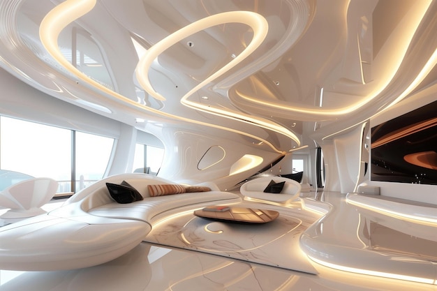 Um quarto futurista com uma cama branca.