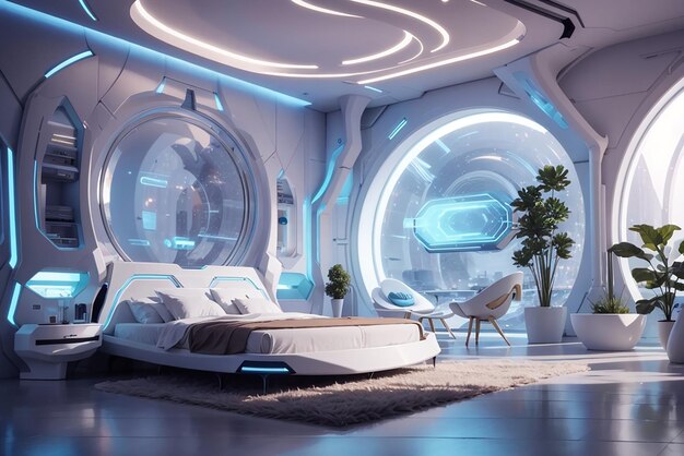 Um quarto futurista de retiro místico no ciberespaço com ambientes AR
