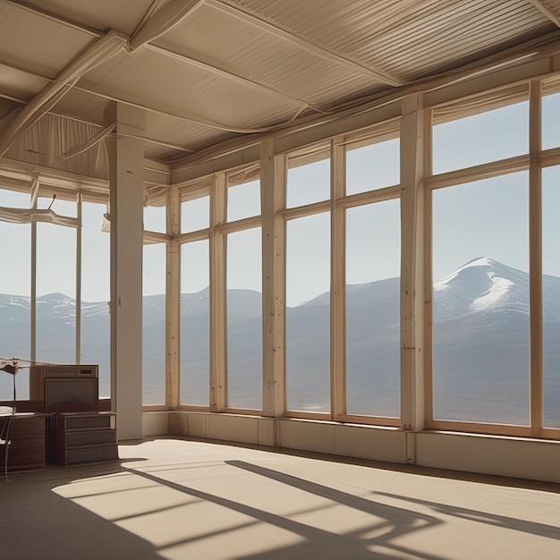 Um quarto grande com uma grande janela e vista para a montanha