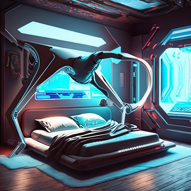 Um quarto holográfico inteligente, moderno, de alta tecnologia, sci-fi, cyberpunk, futurista, interior em 3D.