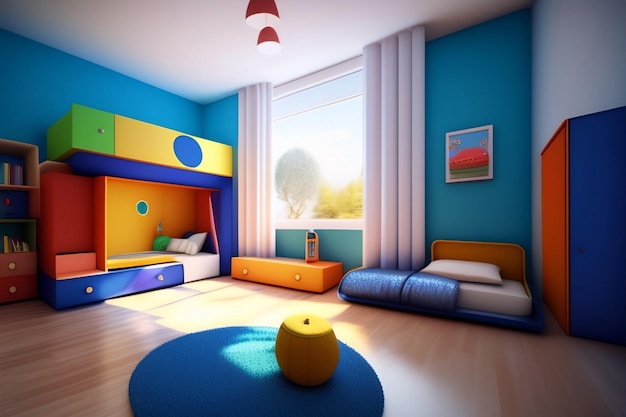 Um quarto infantil azul e amarelo com um beliche azul e amarelo e uma cama vermelha e amarela.