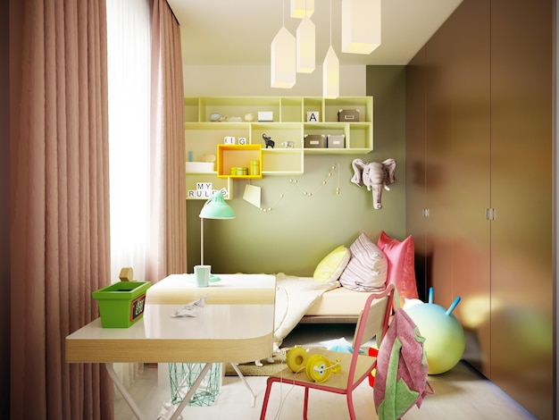 Um quarto infantil multicolorido com uma cama e uma escrivaninha, uma variedade de brinquedos e decoração de grife