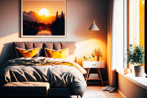 Um quarto minimalista com uma paleta de cores neutras acentuada pela luz suave