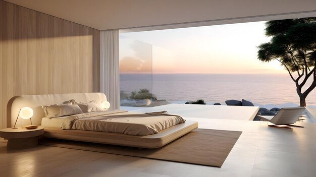 um quarto minimalista com vista para o mar no estilo de bege altamente detalhado