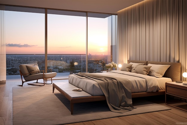 Um quarto moderno ao pôr-do-sol, luxo, janelas largas e vistas geradas pela IA.