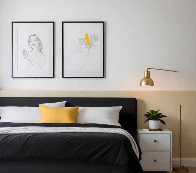 Um quarto moderno com uma cabeceira preta e roupas de cama brancas com um travesseiro de sotaque amarelo