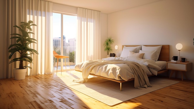 Um quarto moderno de manhã com luz solar matinal