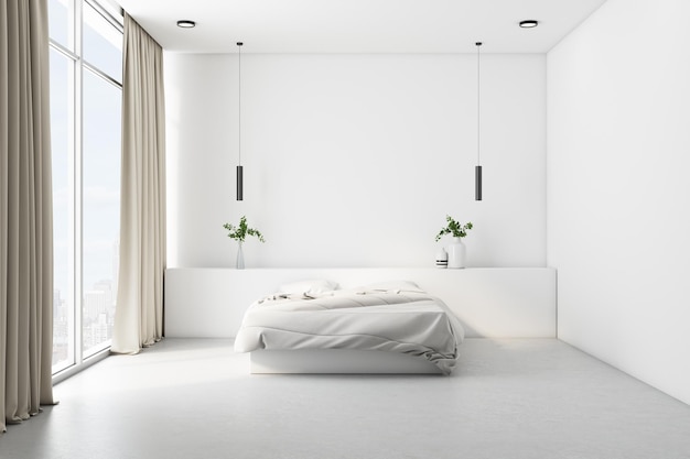 Um quarto moderno e aconchegante com lençol branco e uma parede branca em branco ao fundo