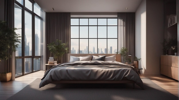 Um quarto moderno hiper-realista com janela 8k