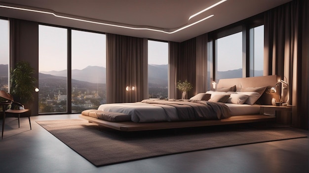 Um quarto moderno hiper-realista com janela 8k