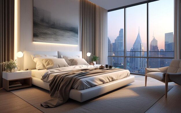 Um quarto moderno, uma cama confortável perto da janela.