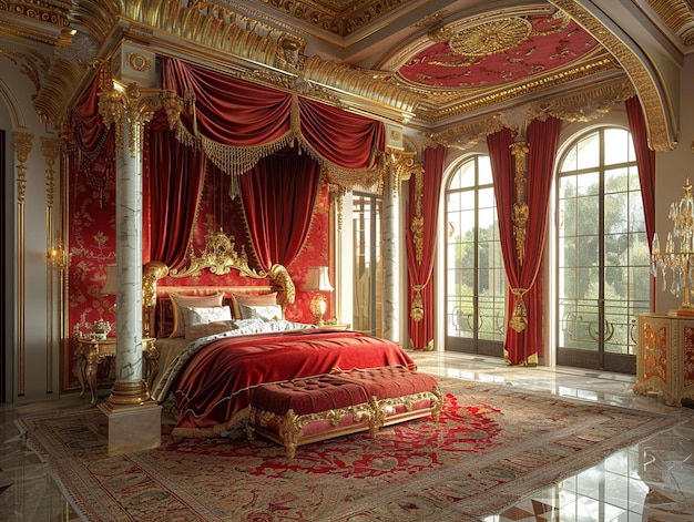 Um quarto opulento com uma cama de lona de veludo e elementos decorativos dourados super detalhados
