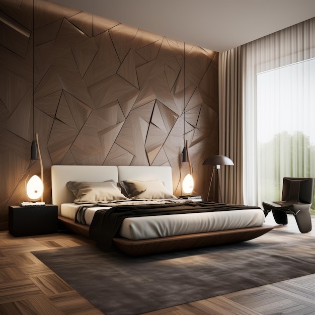 Um quarto principal moderno com painéis de parede e papel de parede como pano de fundo atrás da cama