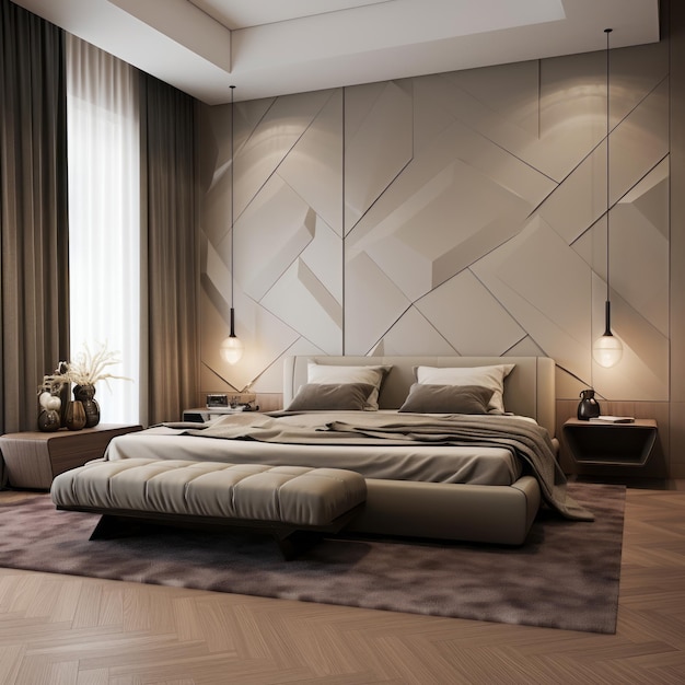 Um quarto principal moderno com painéis de parede e papel de parede como pano de fundo atrás da cama