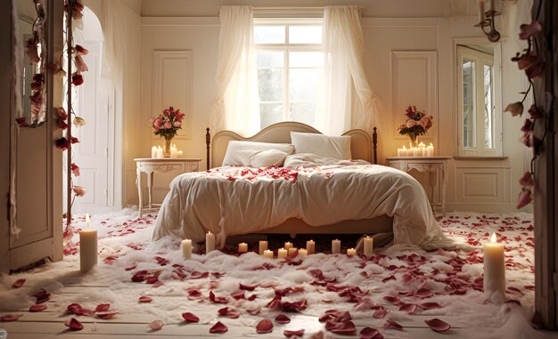 Foto um quarto repleto de pétalas de rosa e velas.