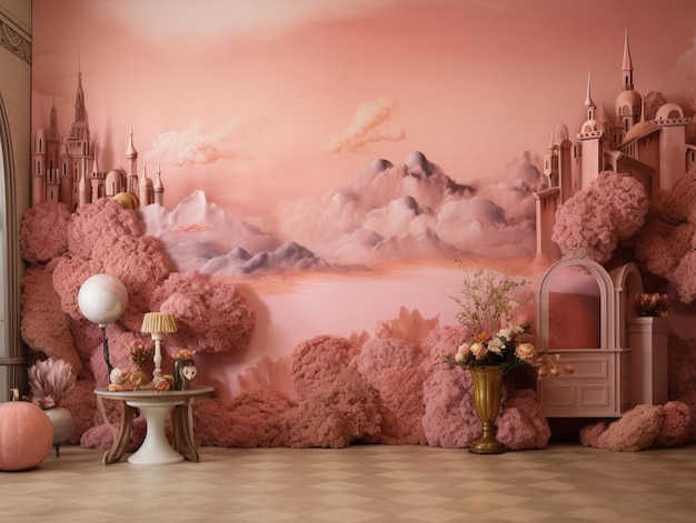 Um quarto rosa com um castelo e um castelo rosa na parede.