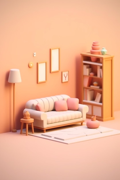 Um quarto rosa com um sofá e uma estante.