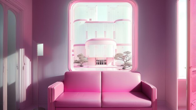 Um quarto rosa com um sofá e uma janela que diz 'quarto rosa'