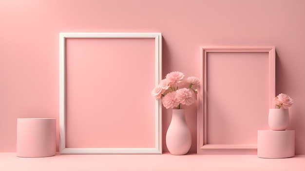 um quarto rosa com um vaso de flores e uma moldura