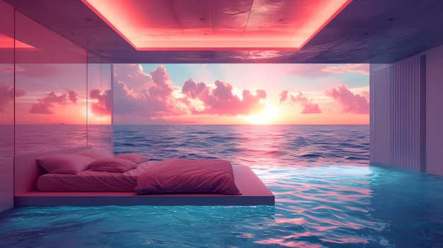 Foto um quarto rosa com uma cama de água e uma grande janela mostrando um pôr-do-sol sobre o oceano