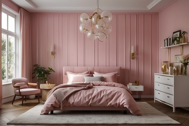 um quarto rosa com uma cama e um lustre pendurado no teto