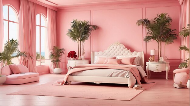 Um quarto rosa com uma cama grande, duas cadeiras, um tapete e algumas plantas.