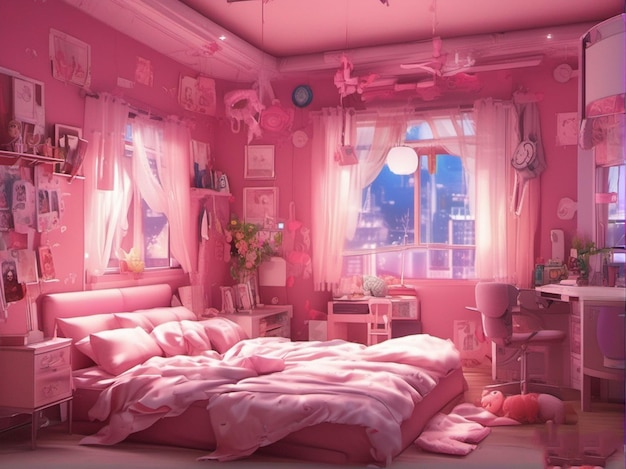 Um quarto rosa com uma cama rosa e uma cama rosa com lençóis rosa.