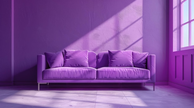 Um quarto roxo com um sofá roxo iluminado pela janela