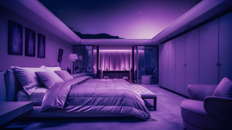 Foto um quarto roxo com uma cama roxa e uma luz roxa no teto