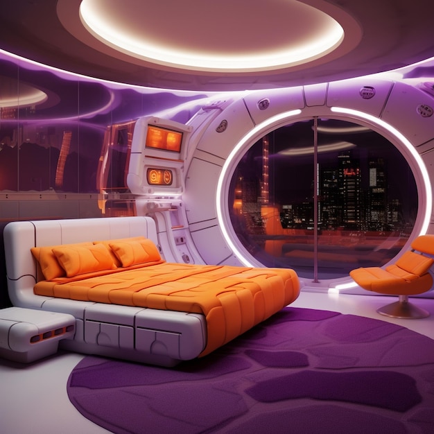 Foto um quarto roxo e laranja com uma cama redonda no futuro