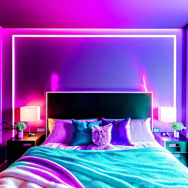 Foto um quarto roxo e roxo com uma parede roxa com detalhes em roxo e rosa.