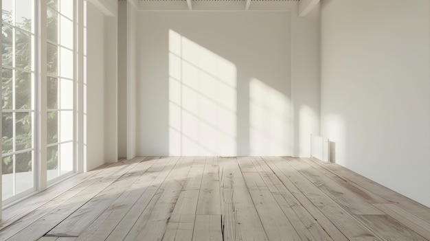 Um quarto vazio branco e chão de madeira são renderizados em 3D O fundo é um interior contemporâneo