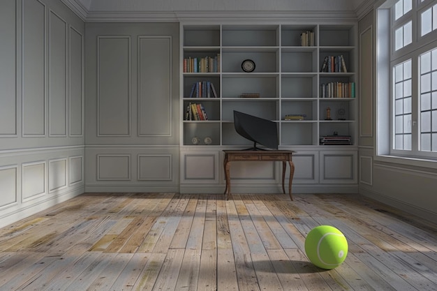 Foto um quarto vazio cinza com uma estante e uma grande bola de ténis e bilhar.