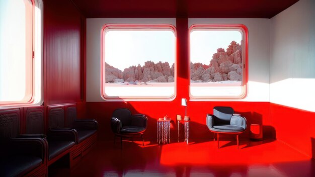 Foto um quarto vermelho com uma janela que diz 