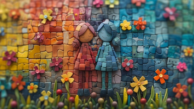 Um quebra-cabeça colorido na forma de um casal com flores