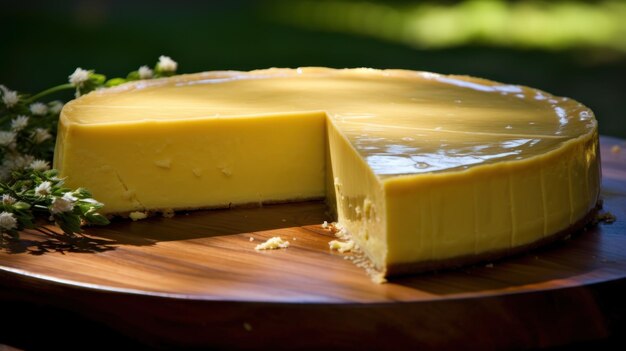 Um queijo amarelo em uma superfície de madeira