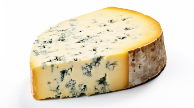 Um queijo azul picante exibido em uma foto realista em close-up contra um fundo branco IA geradora