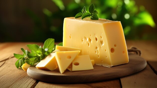 Um queijo em uma tábua de madeira