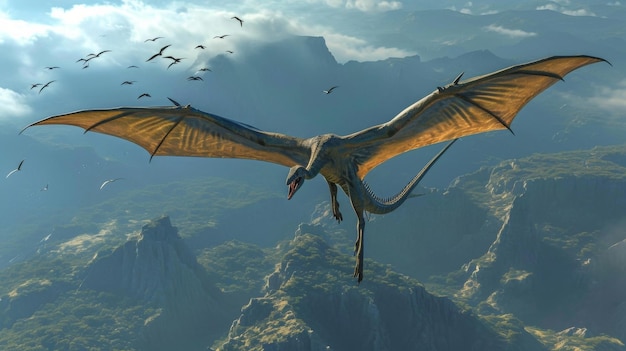 Foto um quetzalcoatlus solitário deslizando graciosamente acima dos dinossauros migratórios sua envergadura gigante lançando um