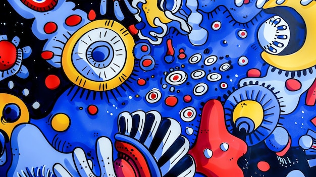 Um rabiscado abstrato colorido em um fundo azul
