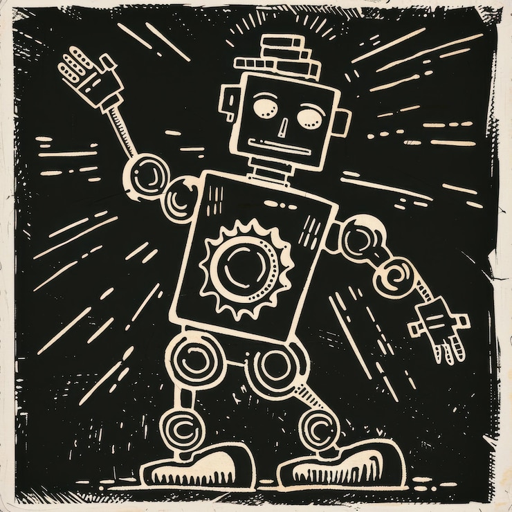 Foto um rabiscado em estilo linocut de um robô acenando com um braço de pé em uma perna