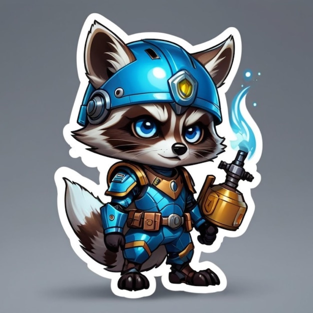 Um raccoon adorável a usar um capacete com uma armadura de cyborg.