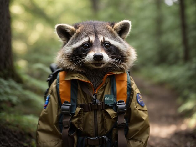 um raccoon com uma mochila que diz raccoon