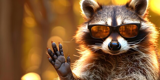 Um raccoon de desenho animado usando óculos de sol fazendo um gesto de mão de rocha conceito de humor da vida selvagem óculos de Sol ilustração de gesto de mãos de rocha