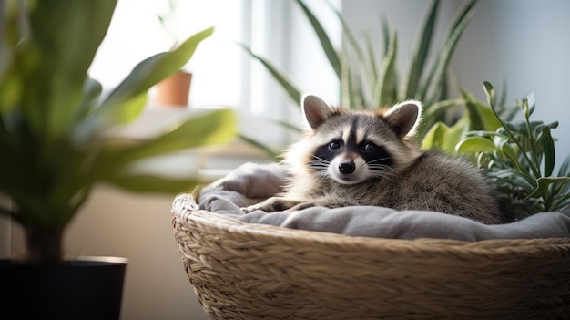 Um raccoon manso e bonito descansando em uma cama de animal de estimação.