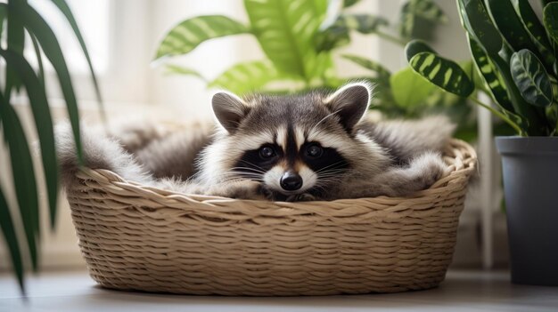 Foto um raccoon manso e bonito descansando em uma cama de animal de estimação.