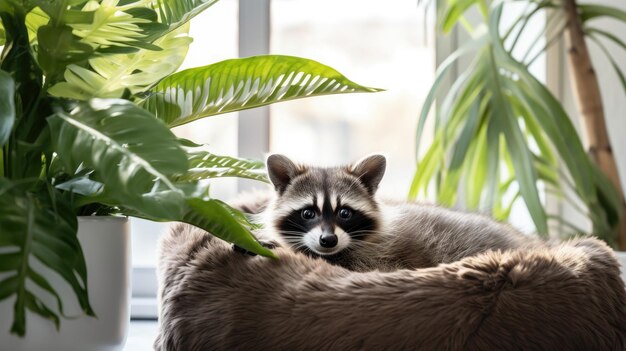 Foto um raccoon manso e bonito descansando em uma cama de animal de estimação.