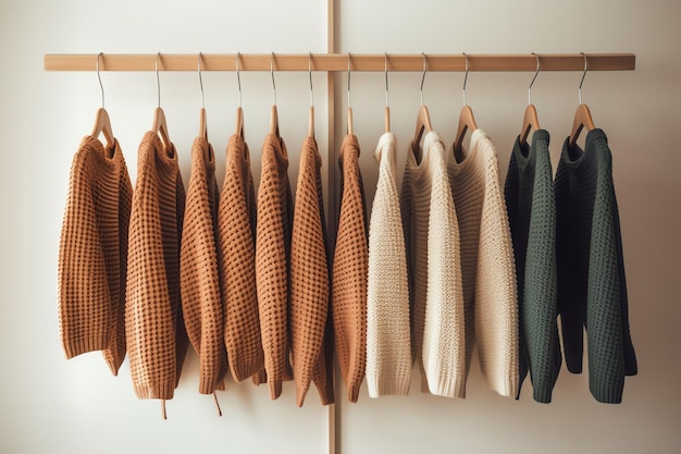 Um rack de blusas e blusas com moldura de madeira.