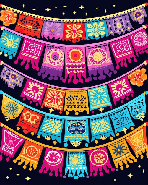 Um radiante desenho de bordado mexicano com uma cascata de coloridas bandeiras de papel picado