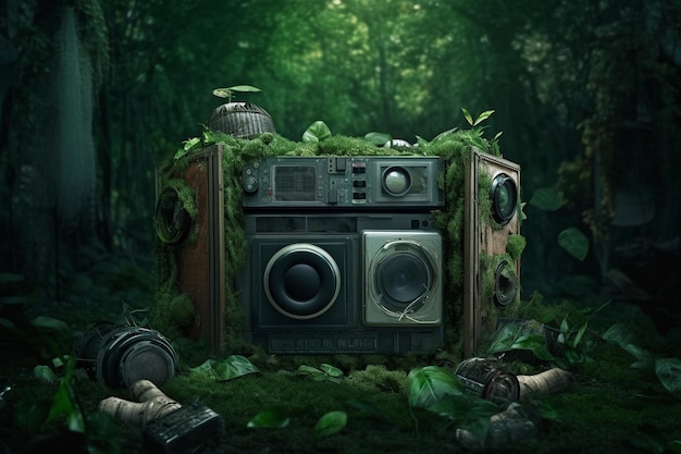 Um rádio antigo na floresta com fundo verde e uma árvore ao fundo.